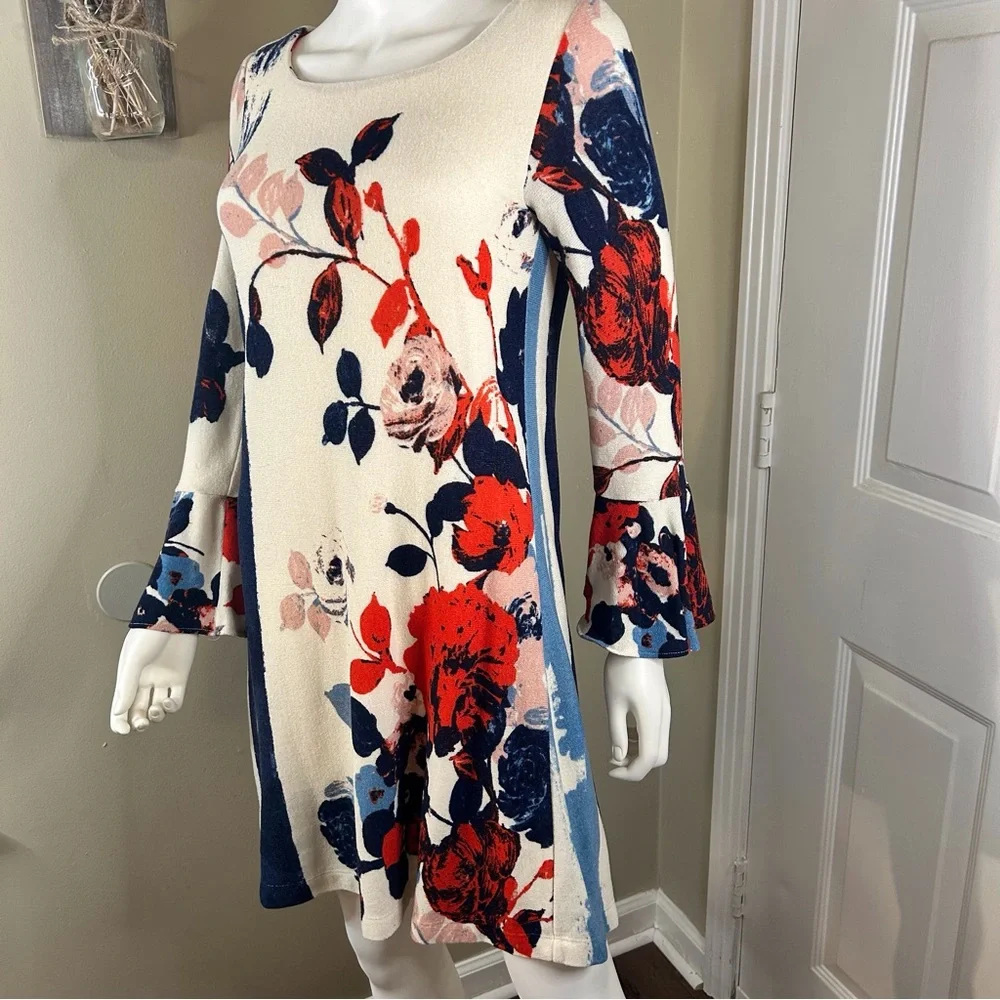 Maeve Anthousai Floral Knit Bell Sleeve Sweater Mini Dress - Picture 3 of 15